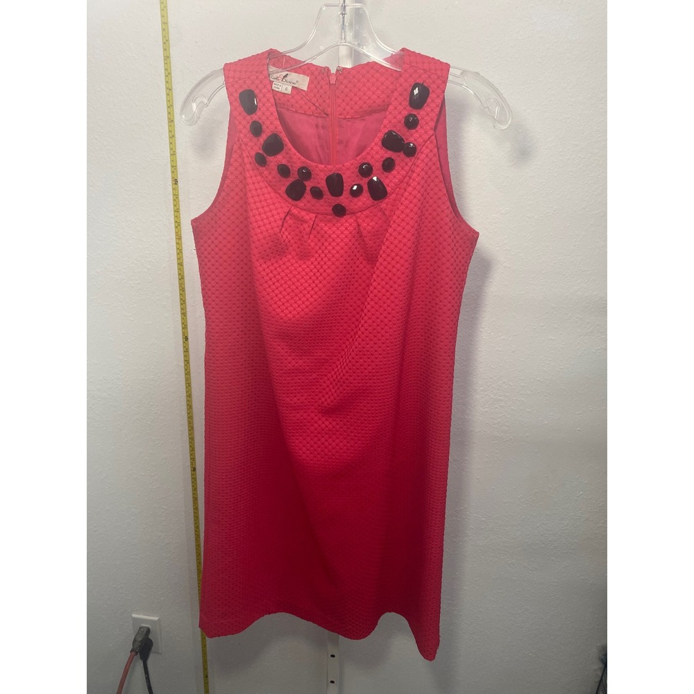 Kelly Diane Pink Textured Shift Dress Black Beaded‎ Jewel Neck Sleeveless Size 6